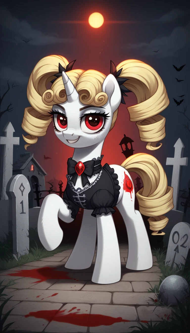 score_9,score_8_up,score_7_up,score_6_up, filly, unicorn, white fur, curly blonde hair, twintails, red eyes, Gothic pony, lolita fashion, glowing backlight, fashion show, graveyard, glitter, whimsical, enchanted, magical, fantasy art concept, intricate details, insane evil smile, blood splatter on face, hoof tips