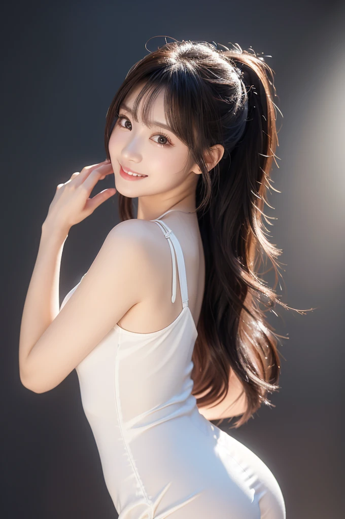Image resolution 8K、masterpiece:1.3)、Beauty、1 female、(魅力的なBody Type:1.2)、abdomen:1.1、Dark brown hairstyle:1.1、(Body Type:1.2)、Ultra-detailed face、Attractive lips、double eyelid,Wearing a white silk one-piece dress、Super realistic and super cute in every detail、Japanese、Japanese女性、20th generation(28 years old)、Smile with a beautiful smile、Hair blowing in the wind、color々Hair style、Light shining from behind、Black background、Filmed in the studio、Pose facing forward、
