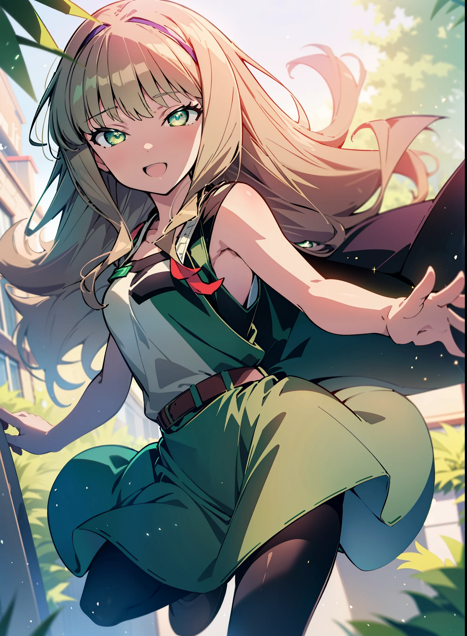 minami yume ,sss Dynazenon ,Long Hair, Brown Hair, (Green Eyes:1.5) ,Center of chest,hair band,ponytail,happy smile, smile, Open your mouth, Blue sleeveless dress,Long skirt,short boots,whole bodyがイラストに入るように,Daytime,Clear skies,Walking,
break looking at viewer, whole body,(Cowboy Shot:1. 5),
break outdoors, Residential Street,
break (masterpiece:1.2), Highest quality, High resolution, unity 8k wallpaper, (shape:0.8), (Beautiful and beautiful eyes:1.6), Highly detailed face, Perfect lighting, Highly detailed CG, (Perfect hands, Perfect Anatomy),