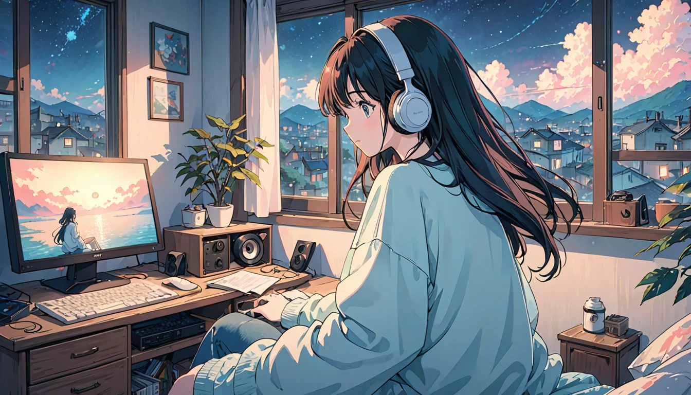 (from behind), Anime girl sitting in front of a computer in a cozy bedroom, girl listening to music in a cozy room (night), Using headphones, on the roof, (beautiful night views from windows), lots of things, 2D anime style, The aesthetics of anime in the 90s, lo-fi, very detailed, hard disk, A mix of anime style and Fujifilm, surreal, 8k, masterpiece