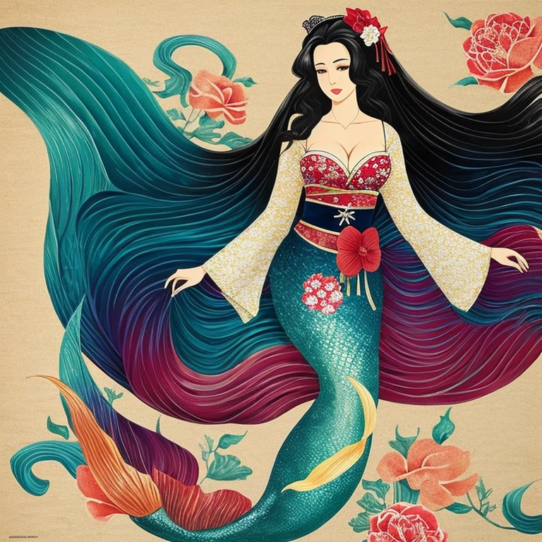 mermaid, mermaid Geisha illustration, 1girl, mermaid tail below waistline, kimono, cleavage, long hair, black hair,