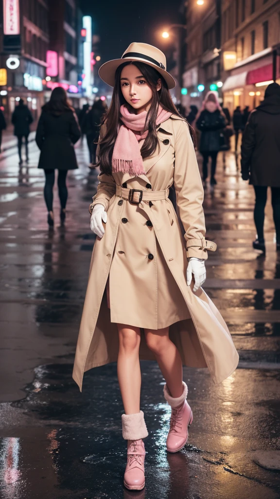 1girl with long brown hair wearing a fully buttoned up and belted buckle beige trench coat with a large pink winter wool scarf and white gloves at the hard rainy night city street full body 8k