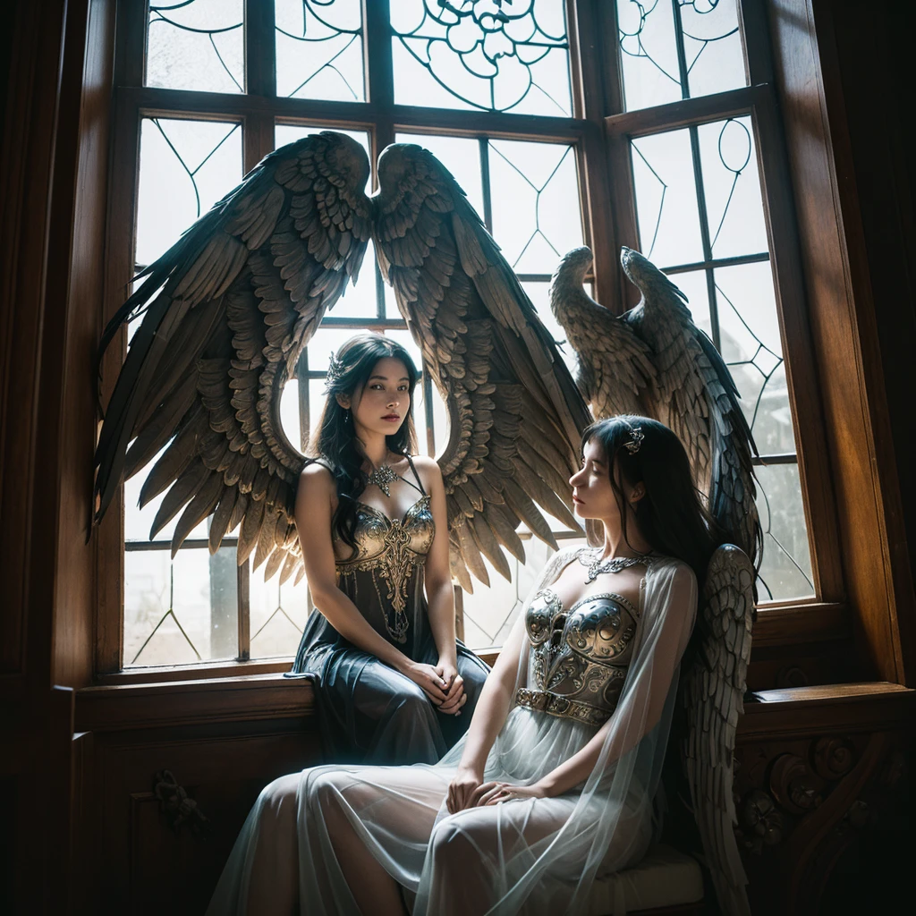 a woman with mystical wings, wearing a flowing and transparent dress, sitting on a window frame with intricate carvings and two angel statues, below the window a pile of skulls and bones, life and death, beauty and existence, dark and celestial, dramatic lighting, fantasy, cinematic, gothic, chiaroscuro