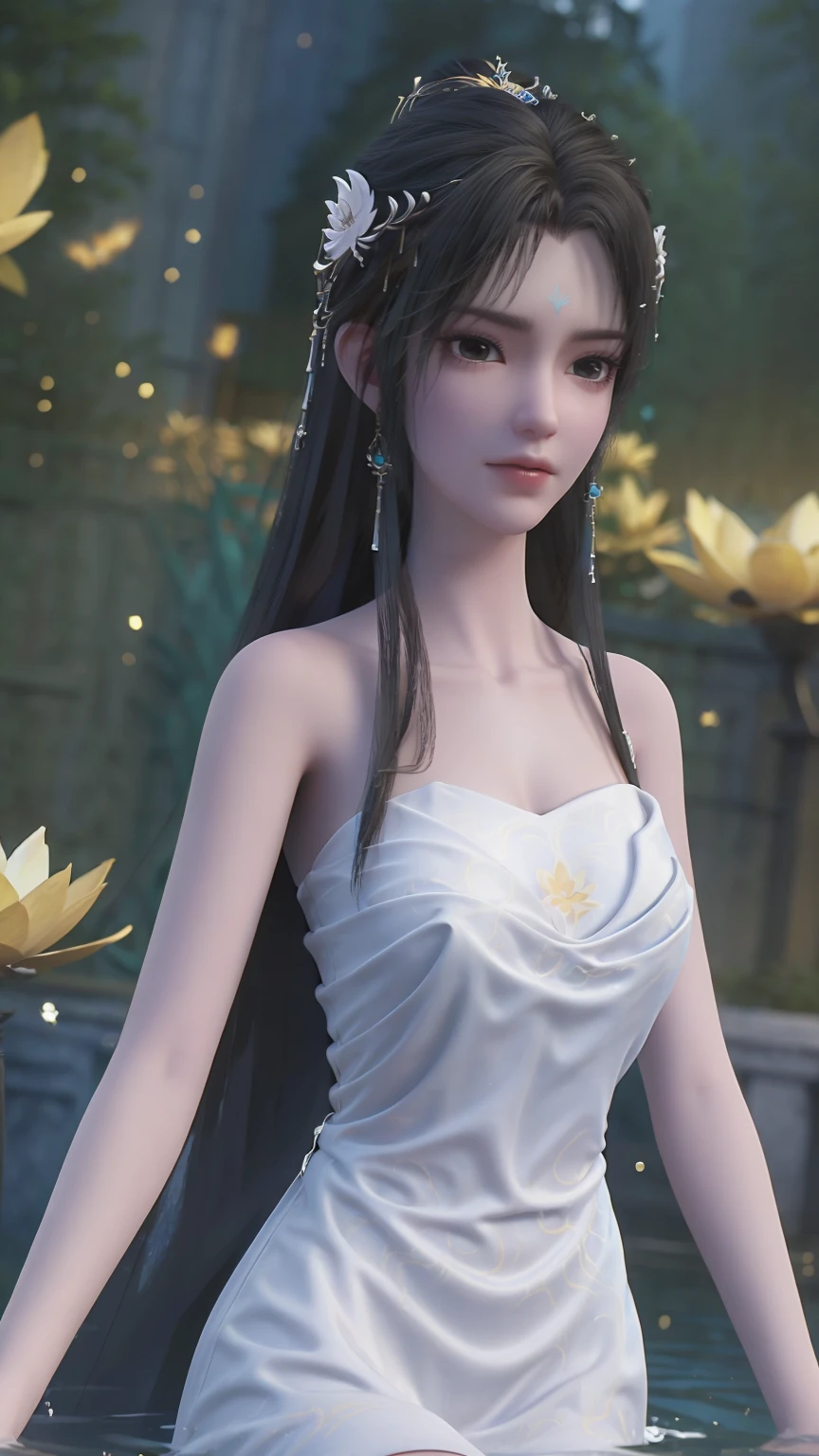 a beautiful young woman bathing in a serene lake, water up to her shoulders, her hands covering her chest, golden glowing lotus flowers floating on the surface, soft lighting, intimate and sensual mood, highly detailed, cinematic composition, realistic, photorealistic