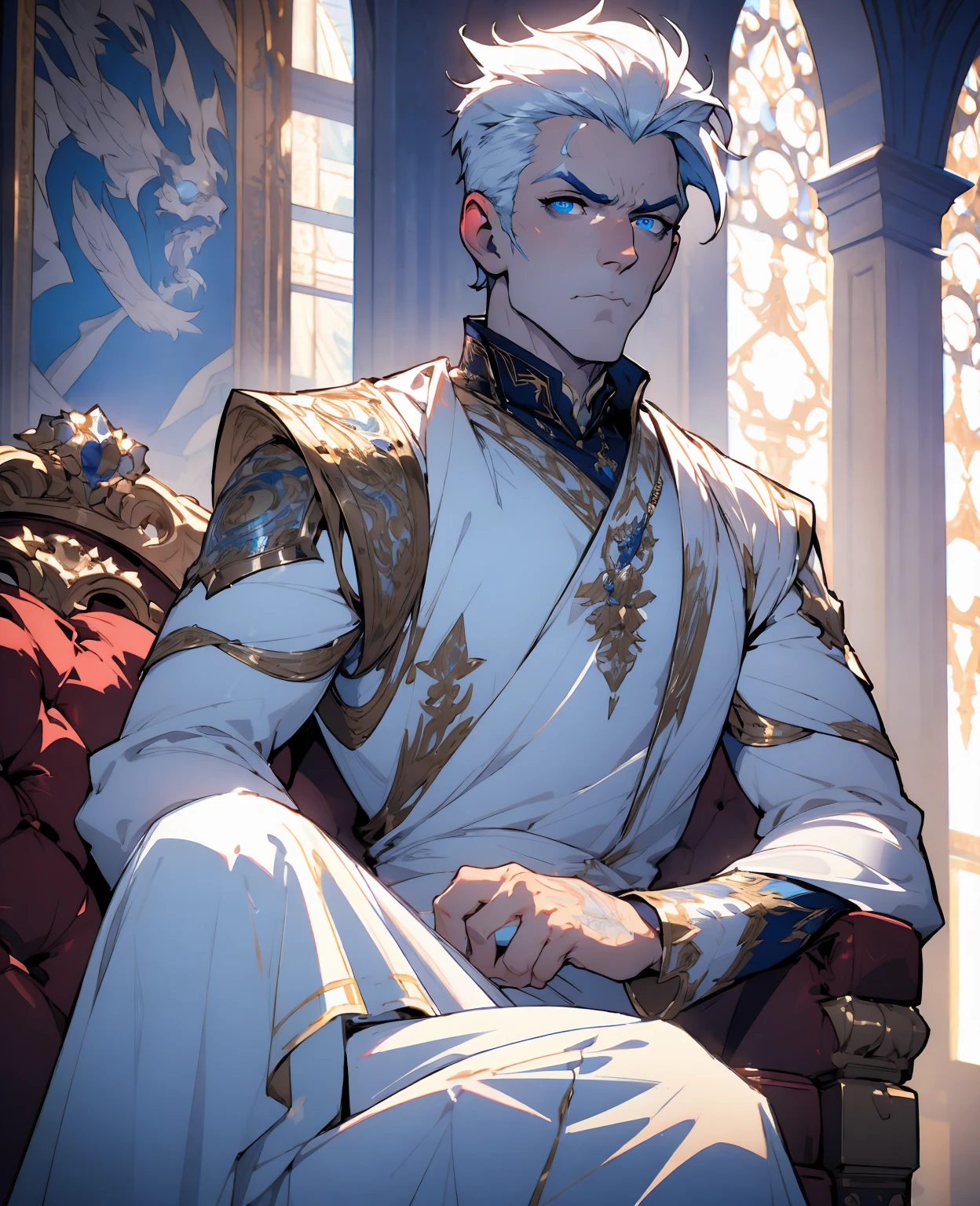 a man with white hair sitting on a throne, expressive and serious look, beautiful detailed blue eyes, hyper detailed, intricate details, photorealistic, cinematic lighting, 8k, masterpiece