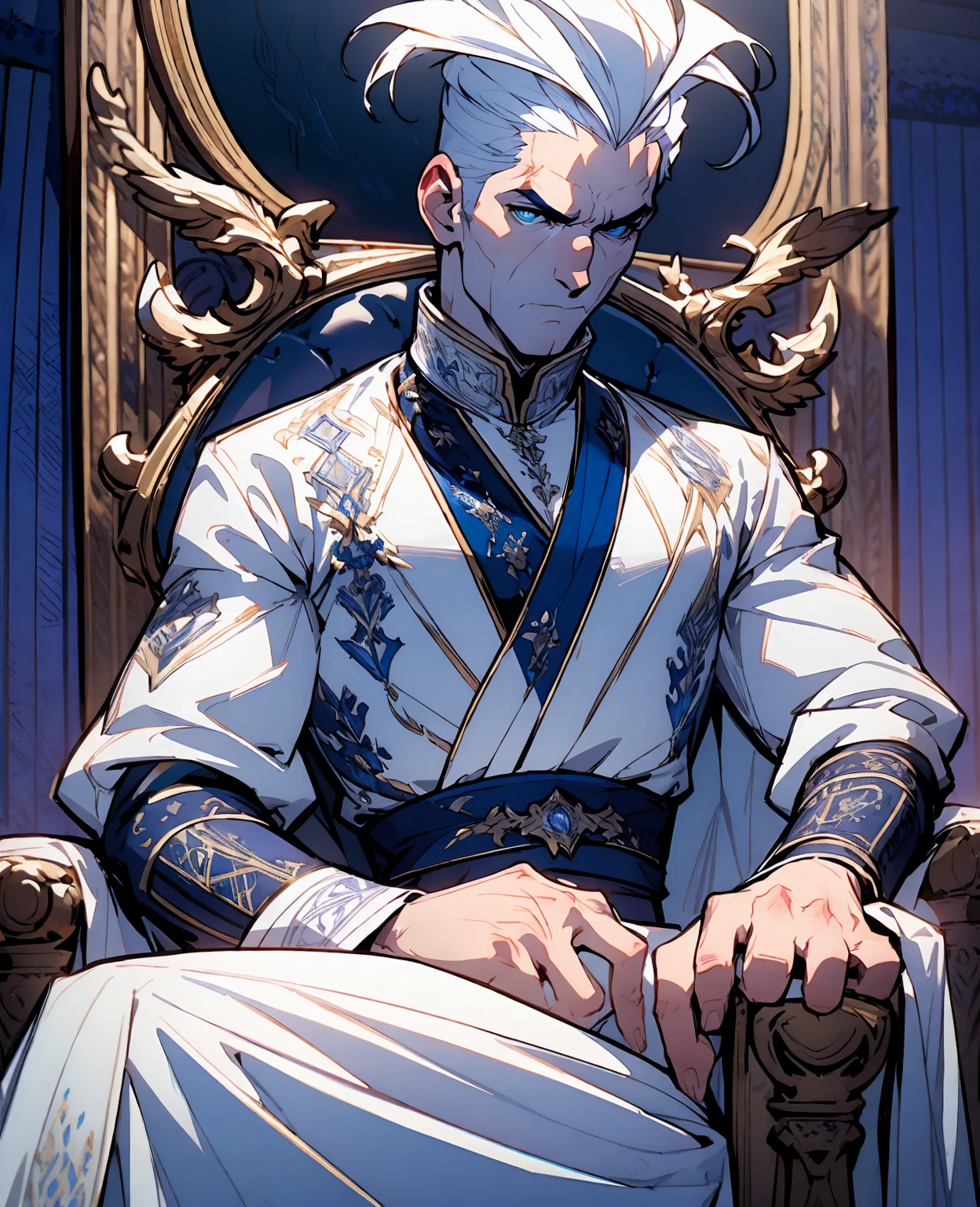 a man with white hair sitting on a throne, expressive and serious look, beautiful detailed blue eyes, hyper detailed, intricate details, photorealistic, cinematic lighting, 8k, masterpiece