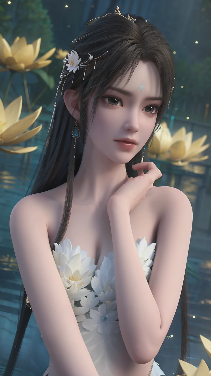 a beautiful young woman bathing in a serene lake, water up to her shoulders, her hands covering her chest, golden glowing lotus flowers floating on the surface, soft lighting, intimate and sensual mood, highly detailed, cinematic composition, realistic, photorealistic