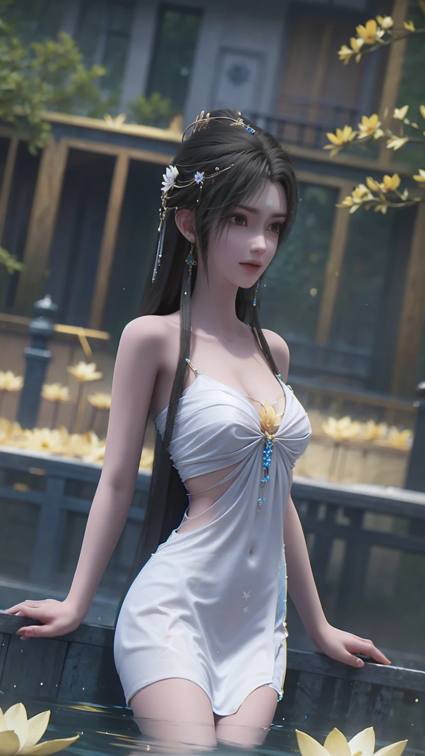 a beautiful young woman bathing in a serene lake, water up to her shoulders, her hands covering her chest, golden glowing lotus flowers floating on the surface, soft lighting, intimate and sensual mood, highly detailed, cinematic composition, realistic, photorealistic
