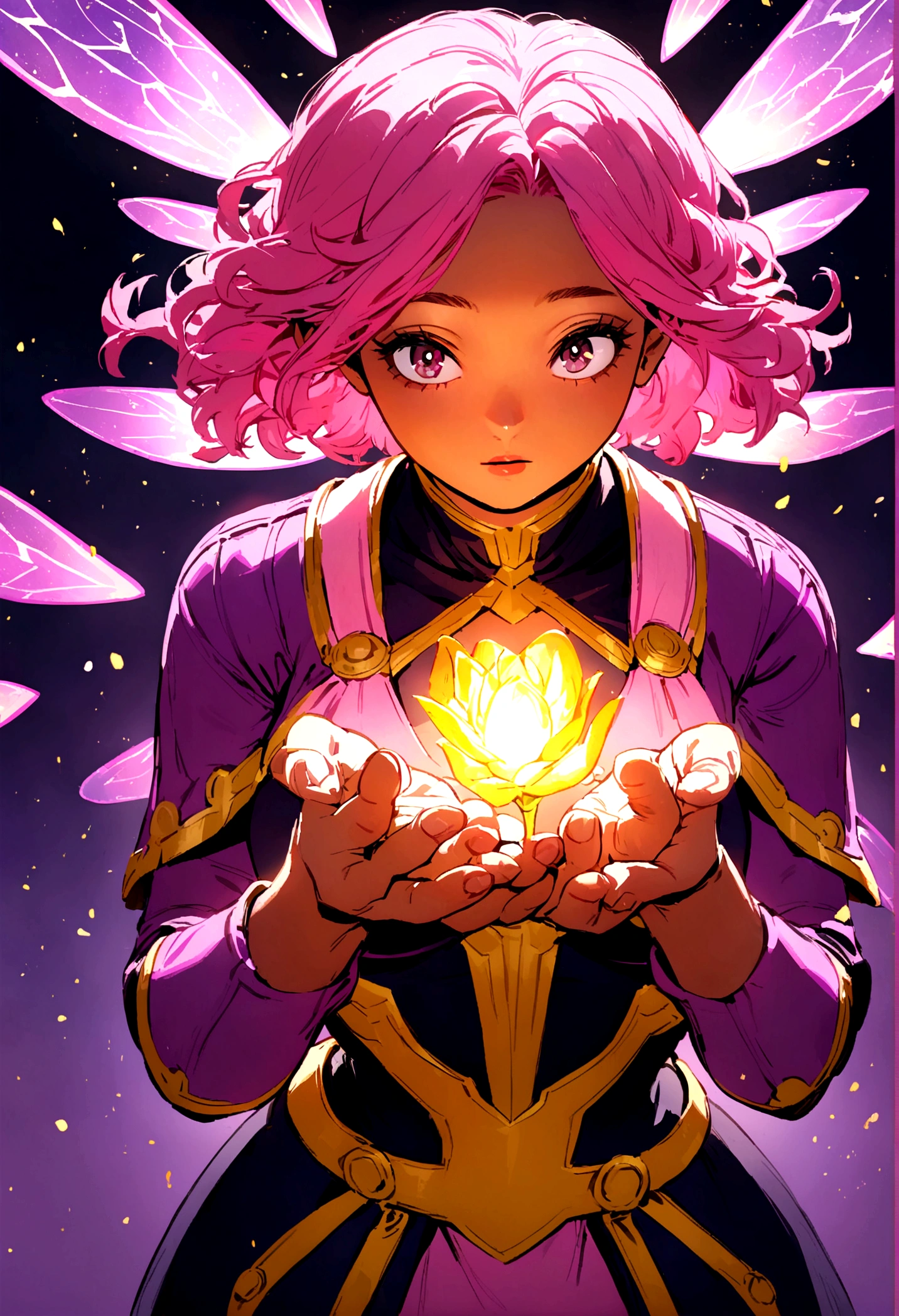 fairy girl with purple wings in the style of my hero academia, with pink hair and dark complexion, and a heroine outfit, with purple and gold auras in your hands have a rose of light