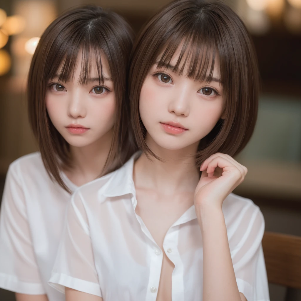 Tabletop, highest quality, One Girl, (nsfw,Beautiful girl, Delicate girl:1.3), (14 years old:1.3), Very fine grain definition, (Symmetrical eyes:1.3), night, ( White shirt,wear:1.2), Flat Chest, Brown eyes, Parted bangs, Brown Hair, Upper teeth, (Eyes and facial details:1.0), (RAW Photos, Film Grain, chromatic aberration), (Bokeh: 1.1),,sheer,wet,