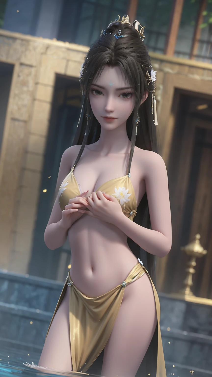 A girl bathing in water,Showering above the shoulders while bathing in water,Hold your hands to your chest,Cover your chest with your hands,Golden glowing lotus on the water