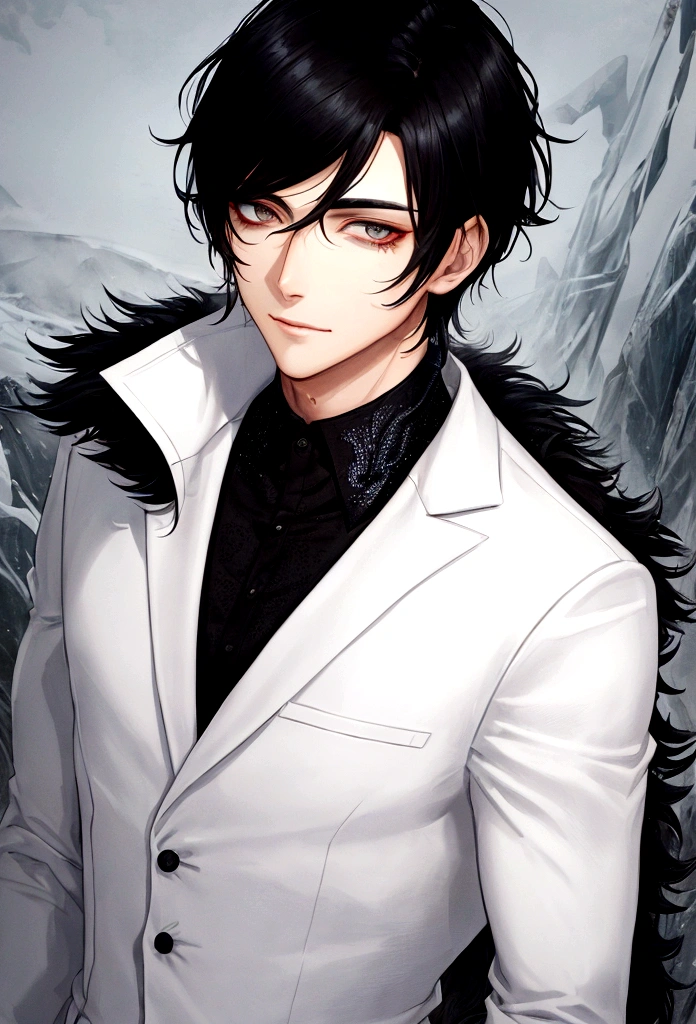 a handsome man with short dark black hair, white eyes, detailed face and icy details