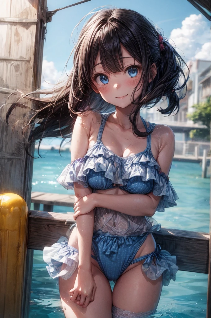 Jumping into the sea, sunny, blue sky, Outdoor, 斬新なデザインのSwimwear, 色とりどりのSwimwear, Polka dot pattern, Floral,(Tabletop.Highest quality).(Cowboy Shot). (Amazingly detailed CG paintings),(Perfect Image)、smile, smile, Comic Strip.shape.One Girl.Detailed face、Perfect Face.Delicate face、Textured skin、Colorful hair colors, Cat ear girl、((Beautiful Blue Eyes)).Delicate and beautiful eyes、The eyes are detailed、Reflective Eyes、Watery eye、smile.(Gazing at the audience:1.3).(My face got a little red:0.8)、8k wallpaper、(((Cowboy Shot)))、reflected light、Attention to detail、Complex、Delicate background、Textured skin、Detailed skin、Swimwear, ((カラフルなSwimwear)), リアリスティックなSwimwear, 質感のあるSwimwear, 超高精細なSwimwear, Realistic swimming pool, Realistic Ocean, Frills, Lace fabric, One Shoulder, カラフルなSwimwear, クリスタルなSwimwear, Lens flare