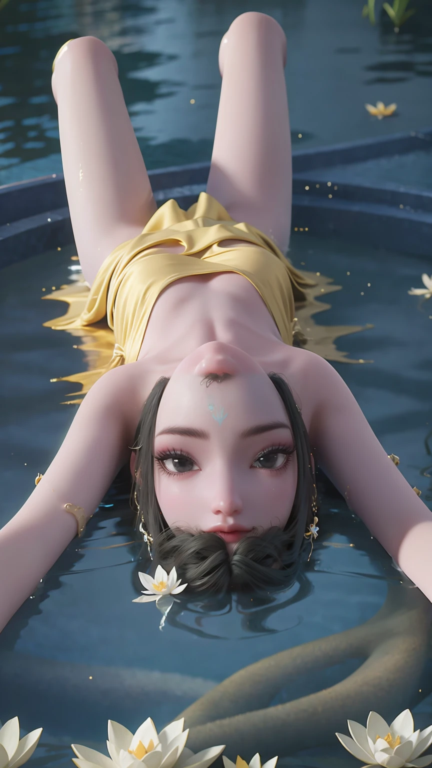 a beautiful young woman bathing in a pond, water gently lapping at her shoulders, wearing a sheer silk dress, hands covering her chest, golden glowing lotus flowers floating on the water's surface，White clothes ，Wearing white suspender chiffon silk pajamas