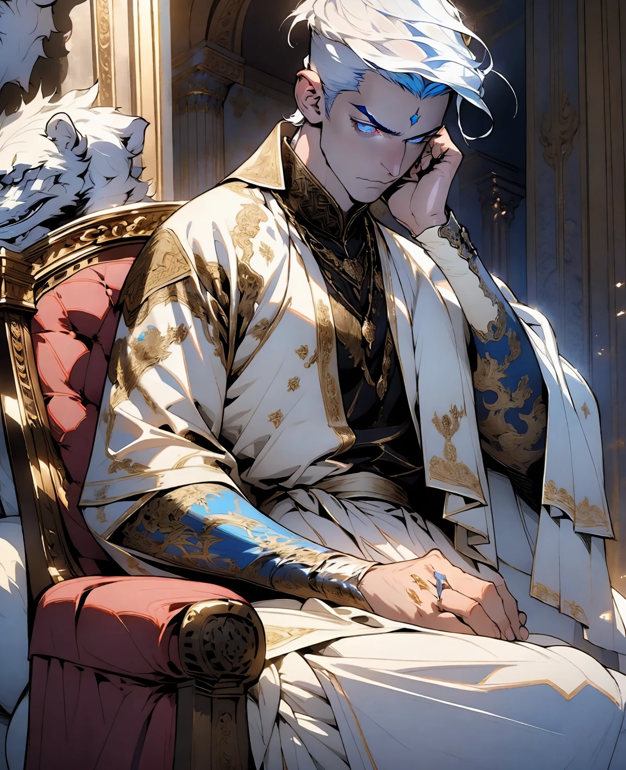 a young MAN with white hair sitting on a throne, beautiful detailed blue eyes, serious expression, (photorealistic:1.37), cinematic lighting, intricate details, (masterpiece:1.2), 8k, hyper detailed, chiaroscuro, dramatic shadows, mystical atmosphere, royal attire, medieval throne room, ornate decorations, moody lighting, epic composition, cinematic framing