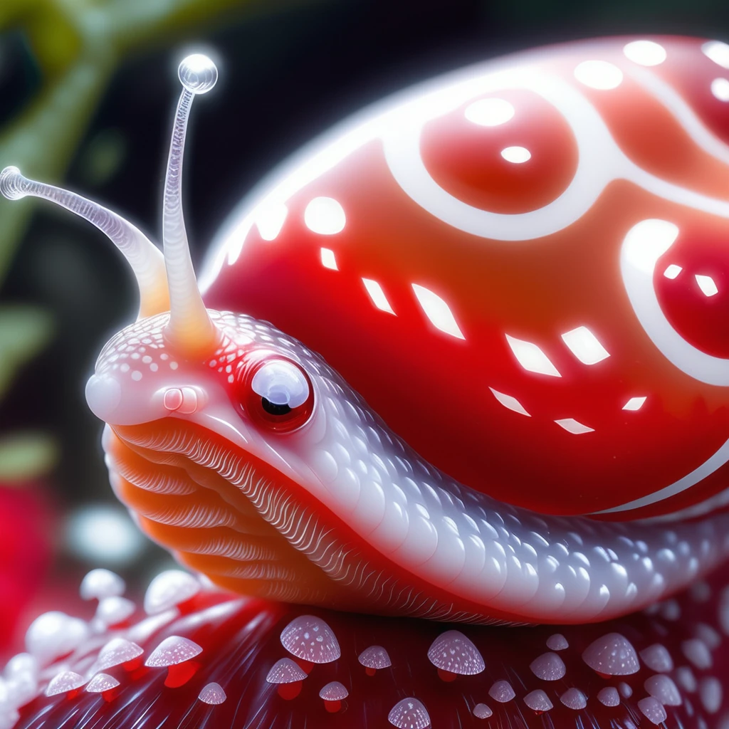 hyperrealistic extreme closeup macro photography, slimy translucent slug crawling on top of red and white mushroom, cinematic lighting, insane details, 64 megapixel DSLR
