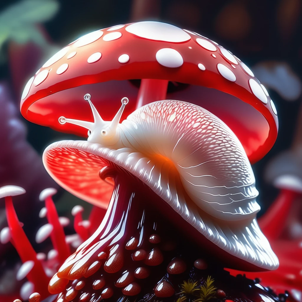 hyperrealistic extreme closeup macro photography, slimy translucent slug crawling on top of red and white mushroom, cinematic lighting, insane details, 64 megapixel DSLR