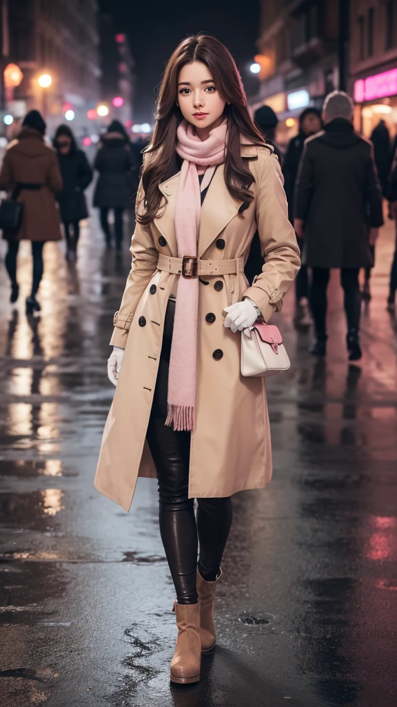 1girl with long brown hair wearing a fully buttoned up and belted buckle beige trench coat with a large pink winter wool scarf and white gloves at the hard rainy night city street full body 8k