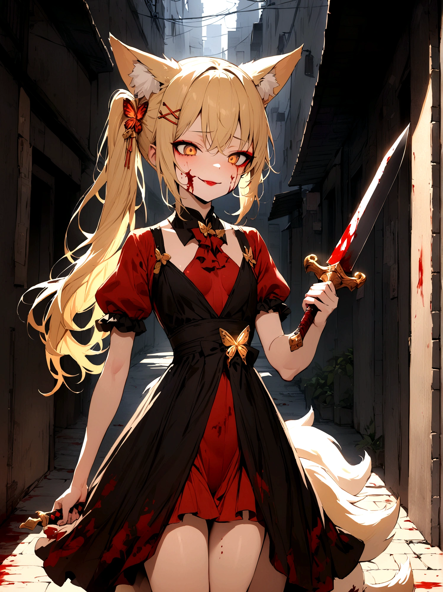 (masterpiece, best quality) junior,detailed, (beautiful,small breasts), blonde,long hair, side ponytail(tied to the left),Hairpin decoration with gold butterfly, elegant, (fox ears),nine tailed fox tail, red eyeshadow, golden eyes, femur，dark background,Alley background,girl,yandere eyes,bloody face,bloody clothes,Bloody(blood on fullbody),holding a sword hilt,bloody dagger(knife),evil smile