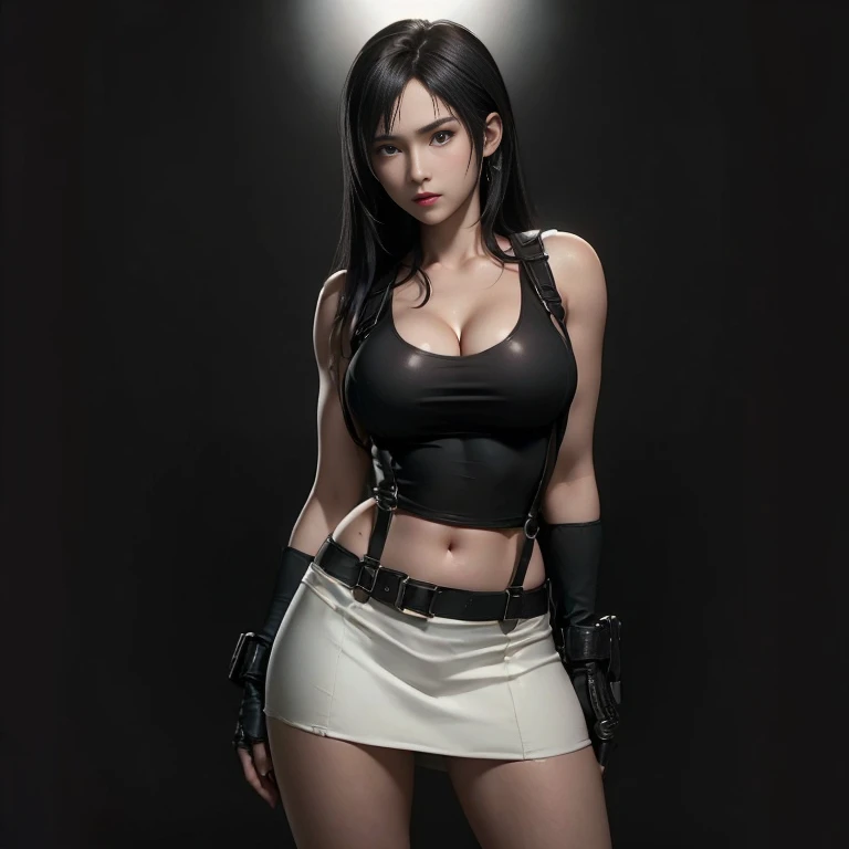 (((Full and soft breasts,)))(((Huge breasts))) (((Cleavage))) (Perfect curvy figure)(best quality,Ultra Detailed),(Practical:1.37),Tifa Lockhart, Beautiful and delicate face, Dark Circle Makeup, Ultra-realistic textures, Delicate face, Delicate body, Angry expression