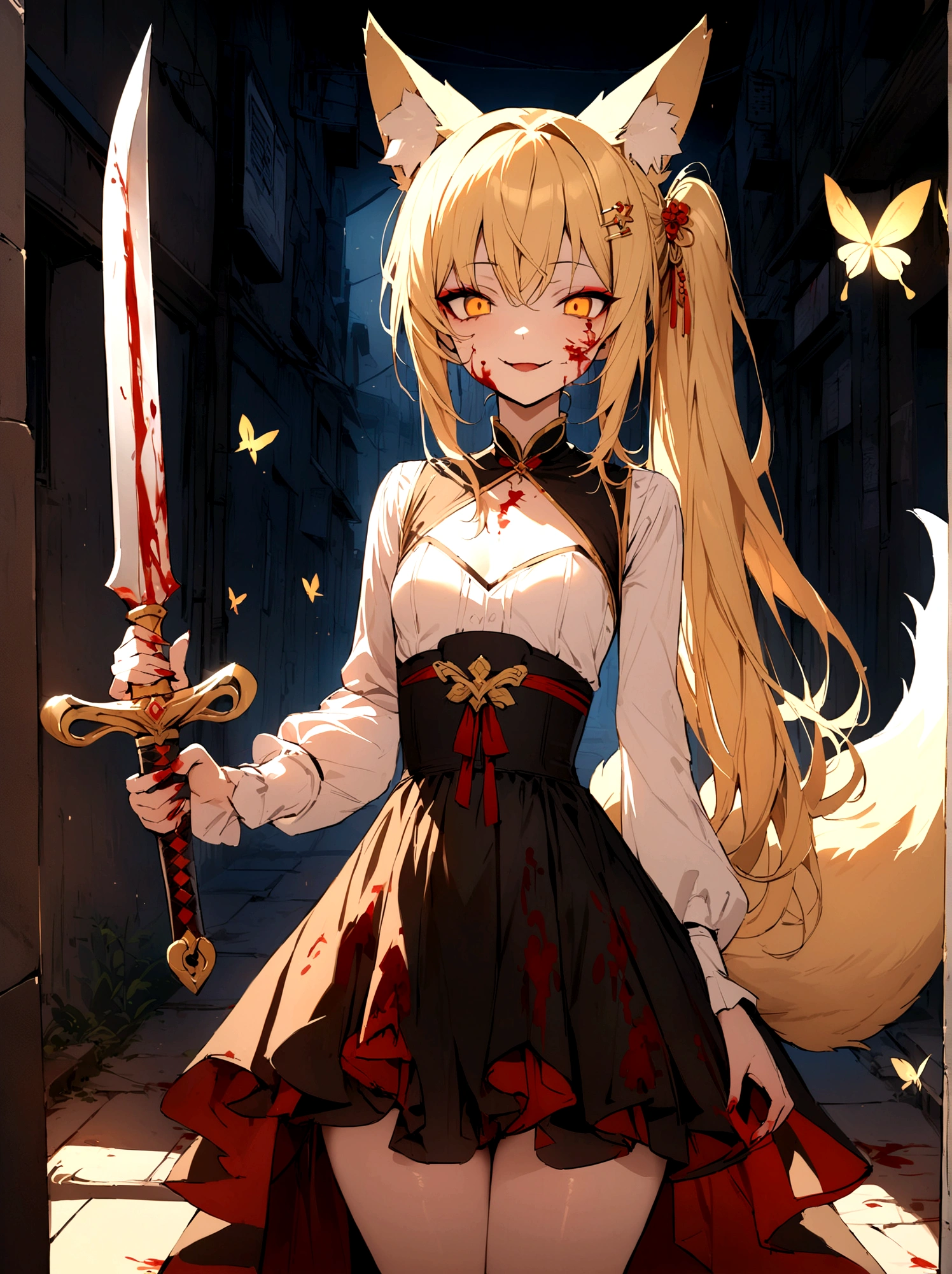 (masterpiece, best quality) junior,detailed, (beautiful,small breasts), blonde,long hair, side ponytail(tied to the left),Hairpin decoration with gold butterfly, elegant, (fox ears),nine tailed fox tail, red eyeshadow, golden eyes, femur,dark night sky,Alley background,girl,yandere eyes,bloody face,bloody clothes,Bloody(blood on fullbody),holding a sword hilt,bloody dagger(knife),evil smile