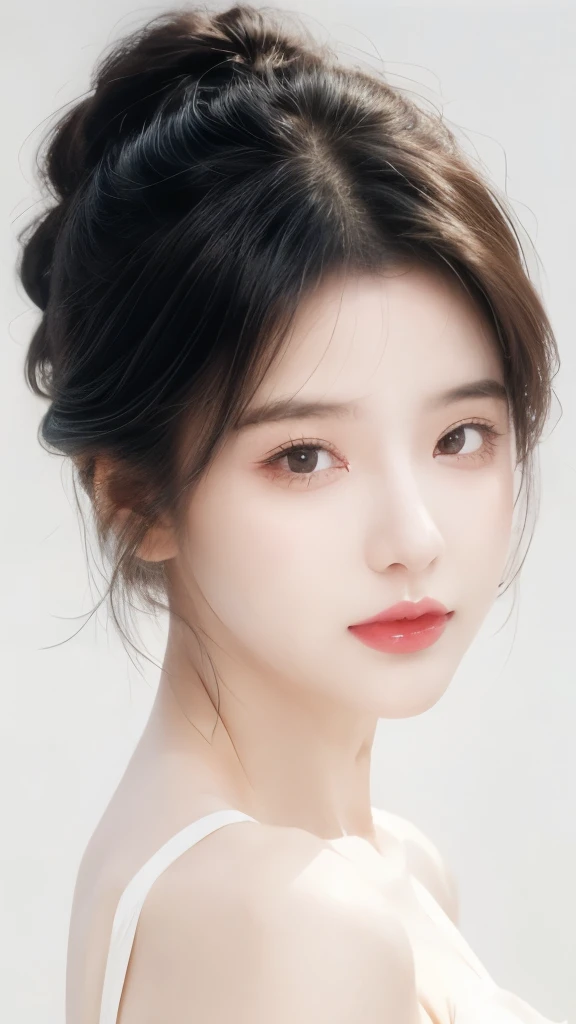 masterpiece, 1 beautiful girl, Exquisite eyes,Eye bags, Top quality, Ultra high resolution, (Reality: 1.4), original photo, 1 girl, light, Japanese, Asian Beauty, Korean, very beautiful, Beautiful skin, Slim, Body facing forward, (超Reality的), (high resolution), (Eight thousand), (Very detailed), (Best Illustration Award), (Exquisite eyes), (Extremely detailed), Delicate face, Looking at the audience, Facing straight ahead, Neat clothes, sleeveless, short hair, Black Hair, 46 side bangs, White background, Tidy room,Lolita clothing)