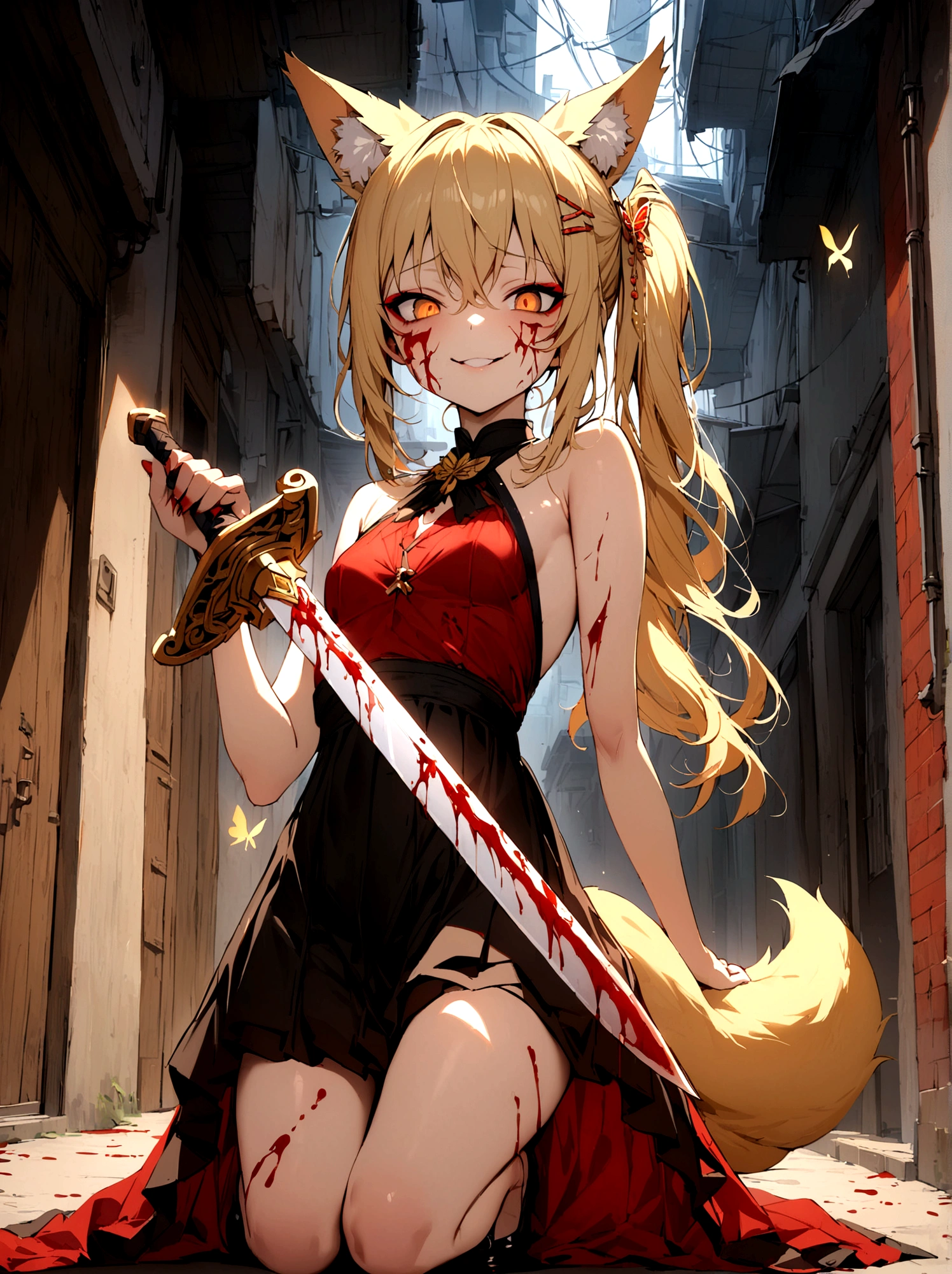 (masterpiece, best quality) junior,detailed, (beautiful,small breasts), blonde,long hair, side ponytail(tied to the left),Hairpin decoration with gold butterfly, elegant, (fox ears),nine tailed fox tail, red eyeshadow, golden eyes, femur，dark night sky,Alley background,girl,yandere eyes,bloody face,bloody clothes,Bloody(blood on fullbody),holding a sword hilt,bloody dagger(knife),evil smile