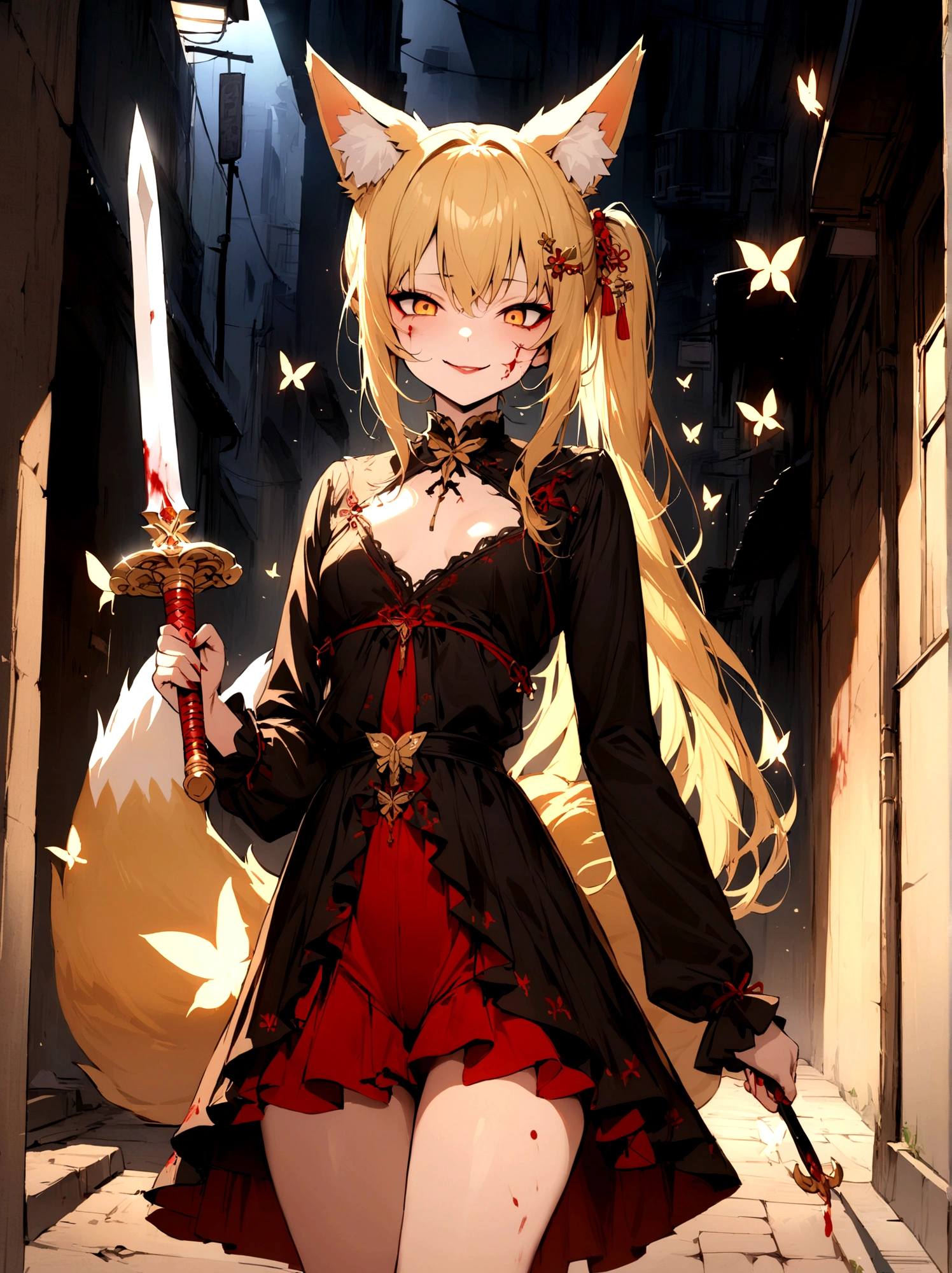 (masterpiece, best quality) junior,detailed, (beautiful,small breasts), blonde,long hair, side ponytail(tied to the left),Hairpin decoration with gold butterfly, elegant, (fox ears),nine tailed fox tail, red eyeshadow, golden eyes, femur,dark night sky,Alley background,girl,yandere eyes,bloody face,bloody clothes,Bloody(blood on fullbody),holding a sword hilt,bloody dagger(knife),evil smile