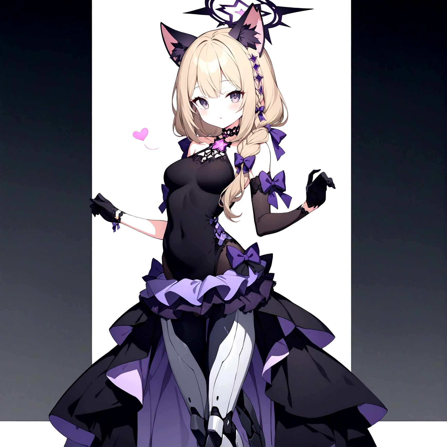 woman 170 cm tall, slim build, medium chest, wide hip. (character design sheet: front view). (Long dark blonde hair with a short center strand., wavy hair with hip length curls, She has a short braid tied with an elegant purple bow on the left side of her hair.., She has a short braid tied with an elegant purple bow on the right side of her hair., She has small ribbons in the back of her hair..). Gray eyes with purple.. Two black and purple serval ears located on the top of the head.. Luminous black halo with purple star patterns above his head., black necklace with heart emblem on the neck. (Elegant one-piece long dress with lace and ruffle skirt, ribbon decorations and star patterns on the dress). black gloves. gray belt at the waist with a large ribbon with a luminous pink heart in the middle. It has a succubus tail with a small purple star on the tip.... (It has complex mechanical legs that reach up to the thighs and are black with small purple details...). beautiful detailed hair, beautiful detailed dress. extremely detailed arms. extremely detailed face, small face, Beautiful detailed eyes, beautiful detailed lips. adorable. extremely detailed legs. (Best Quality, 4k, 8k, high resolution), ultra detailed, Exquisite and epic character art..