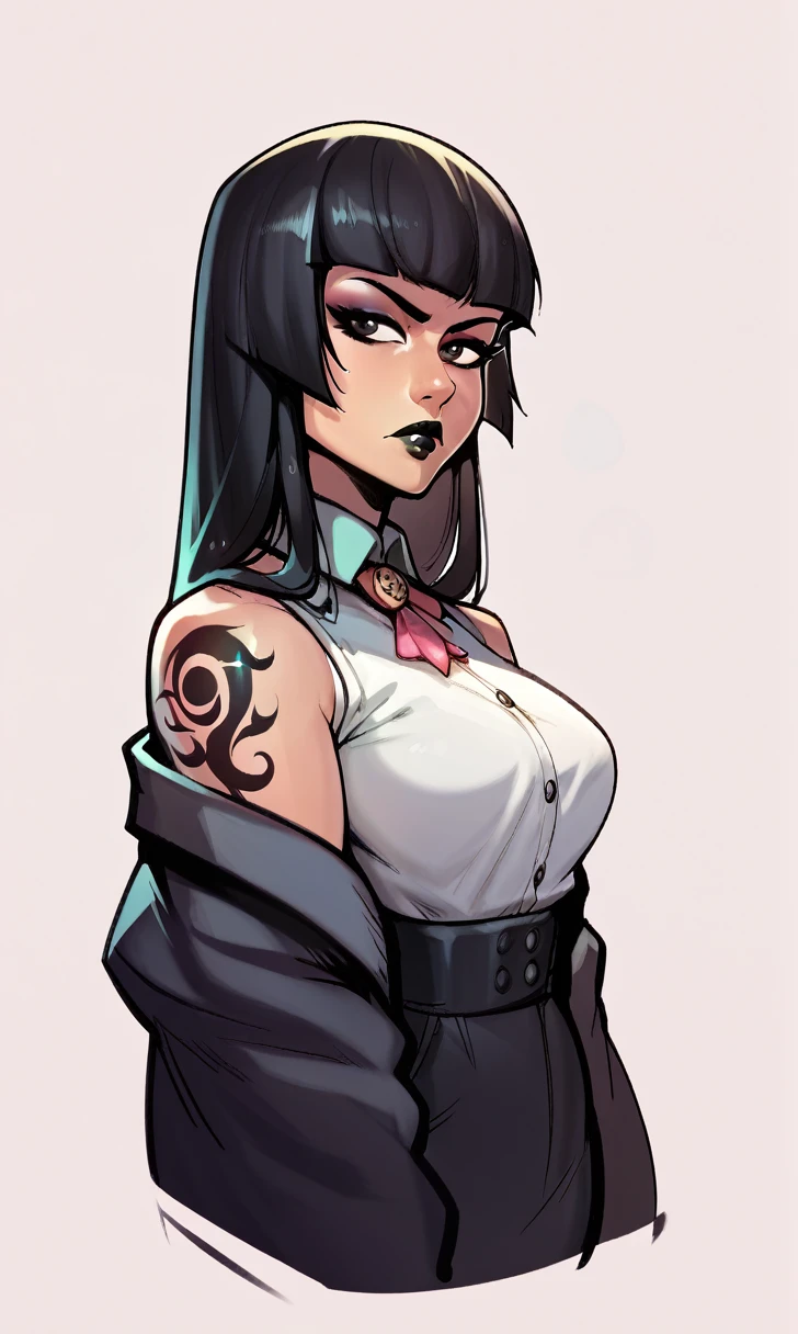 check_9, check_8_up, check_7_up, 1 girl, Simplified background, Asiatic, mafia business suit, , sunny, beautiful, Hime cut his hair, to frown, black lips, black eyes, Tattoos