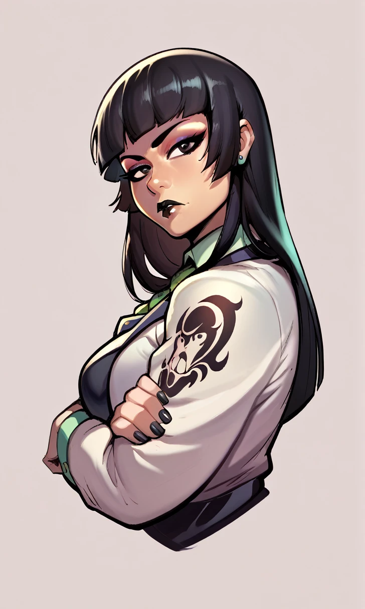 check_9, check_8_up, check_7_up, 1 girl, Simplified background, Asiatic, mafia business suit, , sunny, beautiful, Hime cut his hair, to frown, black lips, black eyes, Tattoos