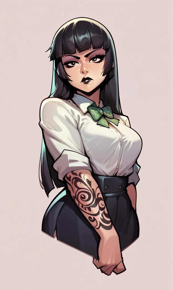 check_9, check_8_up, check_7_up, 1 girl, Simplified background, Asiatic, mafia business suit, , sunny, beautiful, Hime cut his hair, to frown, black lips, black eyes, Tattoos
