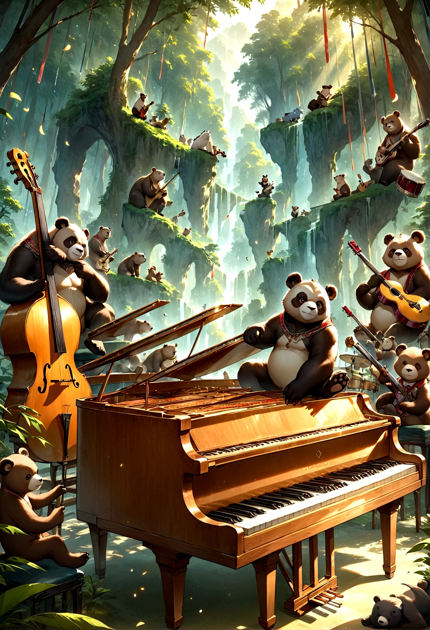 Panda sitting on a chair playing the piano。Monkey playing guitar。Bear playing drums。There are animals around to see this.。color々There are musical instruments on display.。The piano is rich in detail。The background is a beautiful forest。