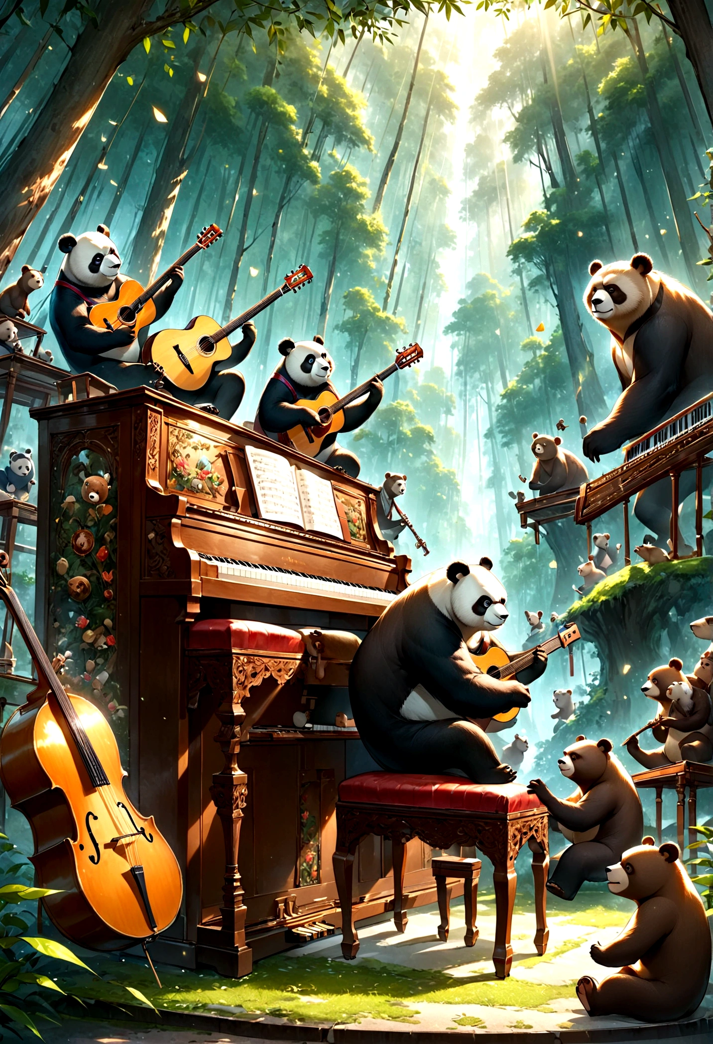 Panda sitting on a chair playing the piano。Monkey playing guitar。Bear playing drums。There are animals around to see this.。color々There are musical instruments on display.。The piano is rich in detail。The background is a beautiful forest。