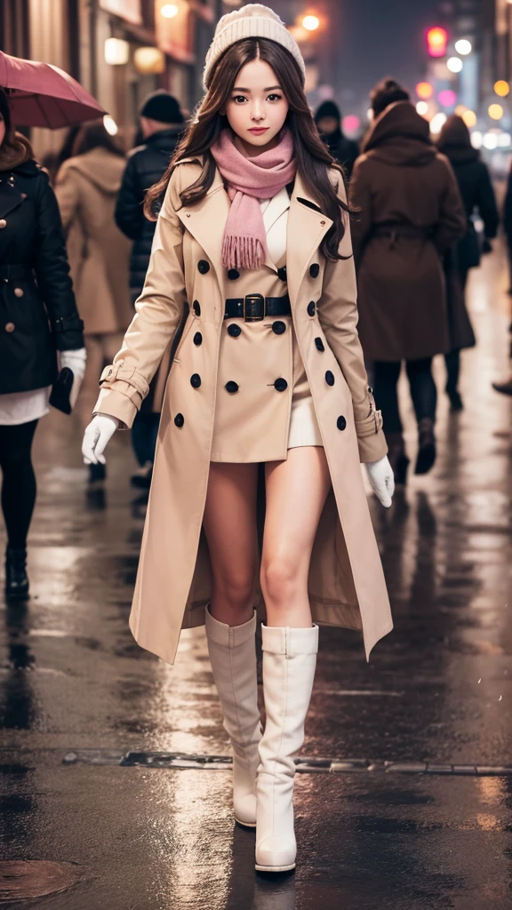 1girl with long brown hair wearing a fully buttoned up and belted buckle beige trench coat with a large pink winter wool scarf and white gloves at the windy hard rainy night city street full body 8k