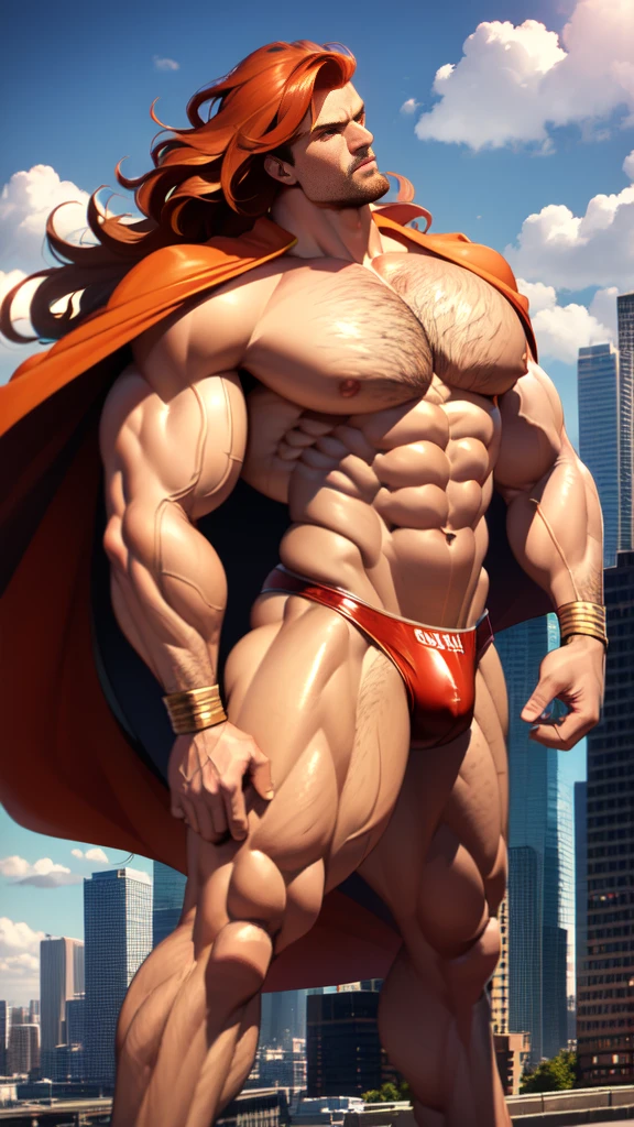 (muscular brute beautiful tall Lorah), huge strong biceps volume, huge exposed chest muscles volume, strong muscular legs, bodybuilder muscles, exposed abs skin, (huge firm breasts volume), city background, wavy orange hair, blue eyes, tight leather underwear and cape