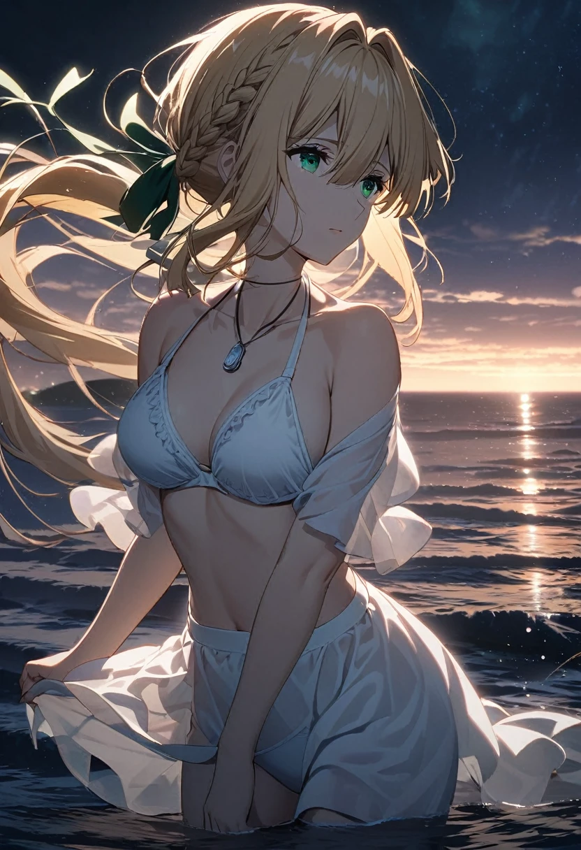  One girl, violet evergarden, perfect body,blonde Hair, Long Hair,single braid, green eyes, white holter neck bikini,hair ribbon,cowboy shot,standing on the sea,break,A night scene illuminated by soft, silvery moonlight,reflected in the sea, with gentle shadows and a serene, mystical ambiance.
