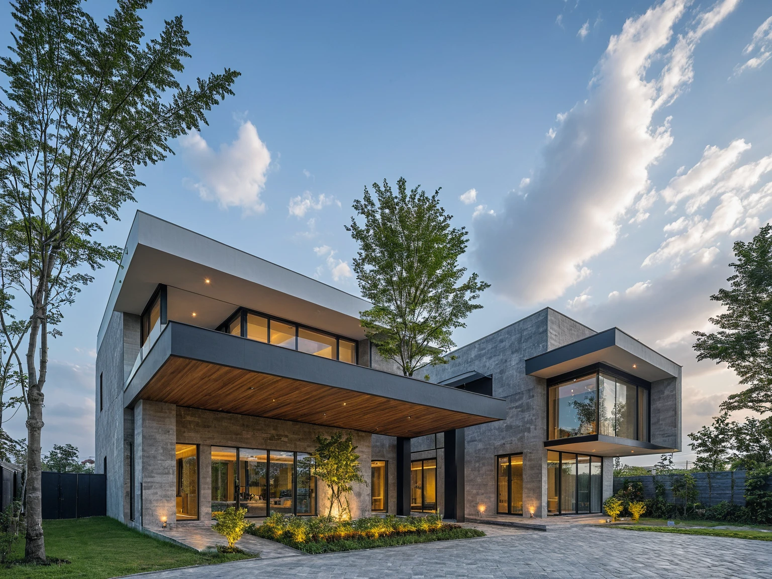 Masterpiece, high quality, best quality, authentic, super detail, outdoors, aiaigroup, house style modern on the street ,stairs steel frame house,large glass wall, road,pavement, grass, trees, sky, cloud, (daylight:1.1)
