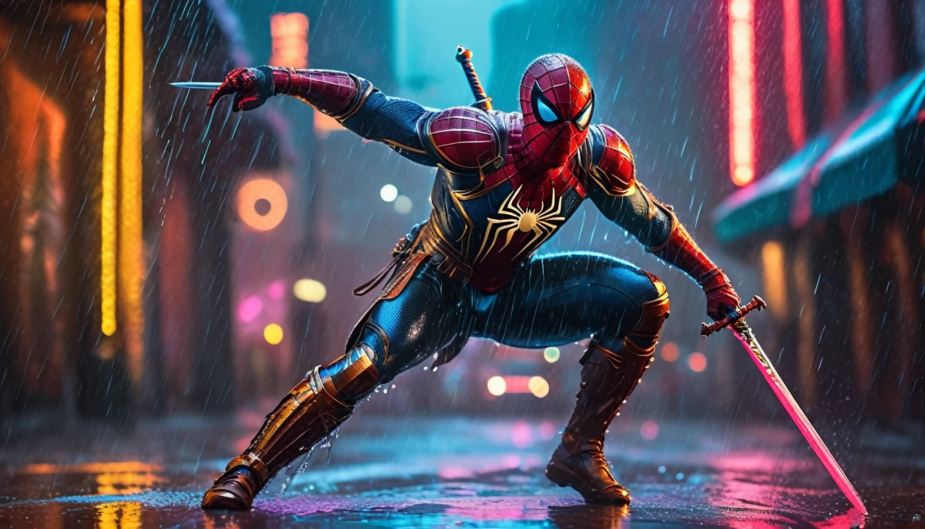 a medieval spiderman with a sword and armor,fighting in the rain with a neon background,highly detailed,cinematic lighting,photorealistic,80 mm lens,dramatic pose,muscular figure,web shooting,lush environment,vibrant colors,glowing neon lights,rain drops,moody atmosphere,epic fantasy,concept art style