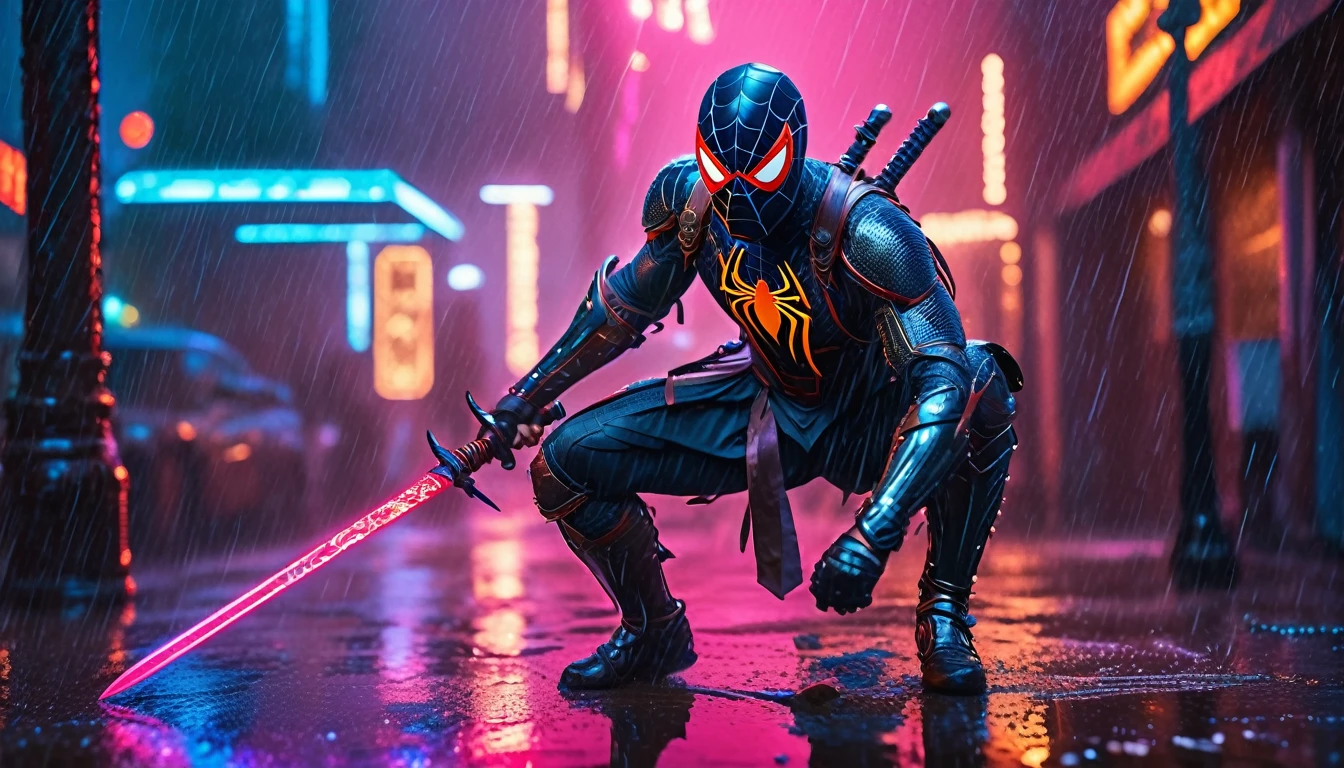 a medieval spiderman with a sword and armor,fighting in the rain with a neon background,highly detailed,cinematic lighting,photorealistic,80 mm lens,dramatic pose,muscular figure,web shooting,lush environment,vibrant colors,glowing neon lights,rain drops,moody atmosphere,epic fantasy,concept art style