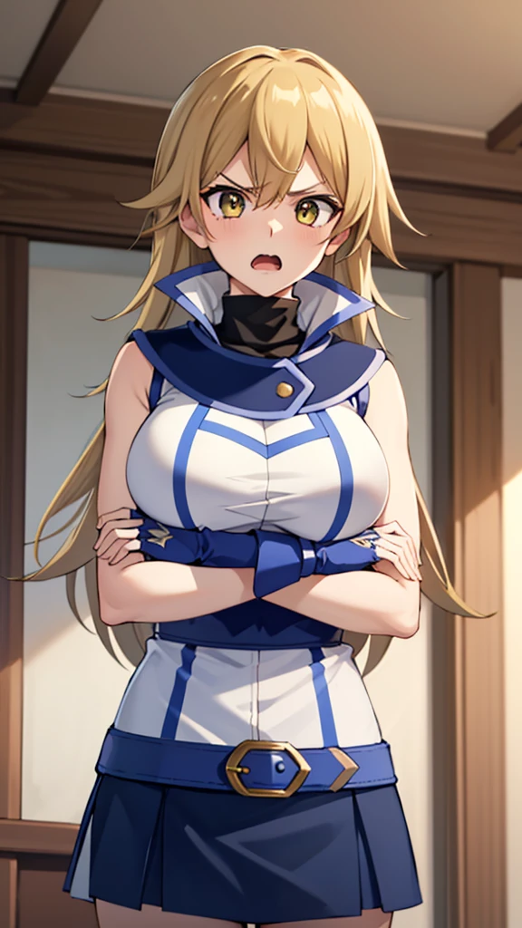 masterpiece, best quality, highres,1girl, solo, ta1, white jacket, sleeveless, blue skirt, fingerless gloves,  makurada junko, turtleneck, white vest, sleeveless, high collar, belt, blue miniskirt, huge breasts, arrogant, angry, open mouth, cowboy shot, indoors, bedroom