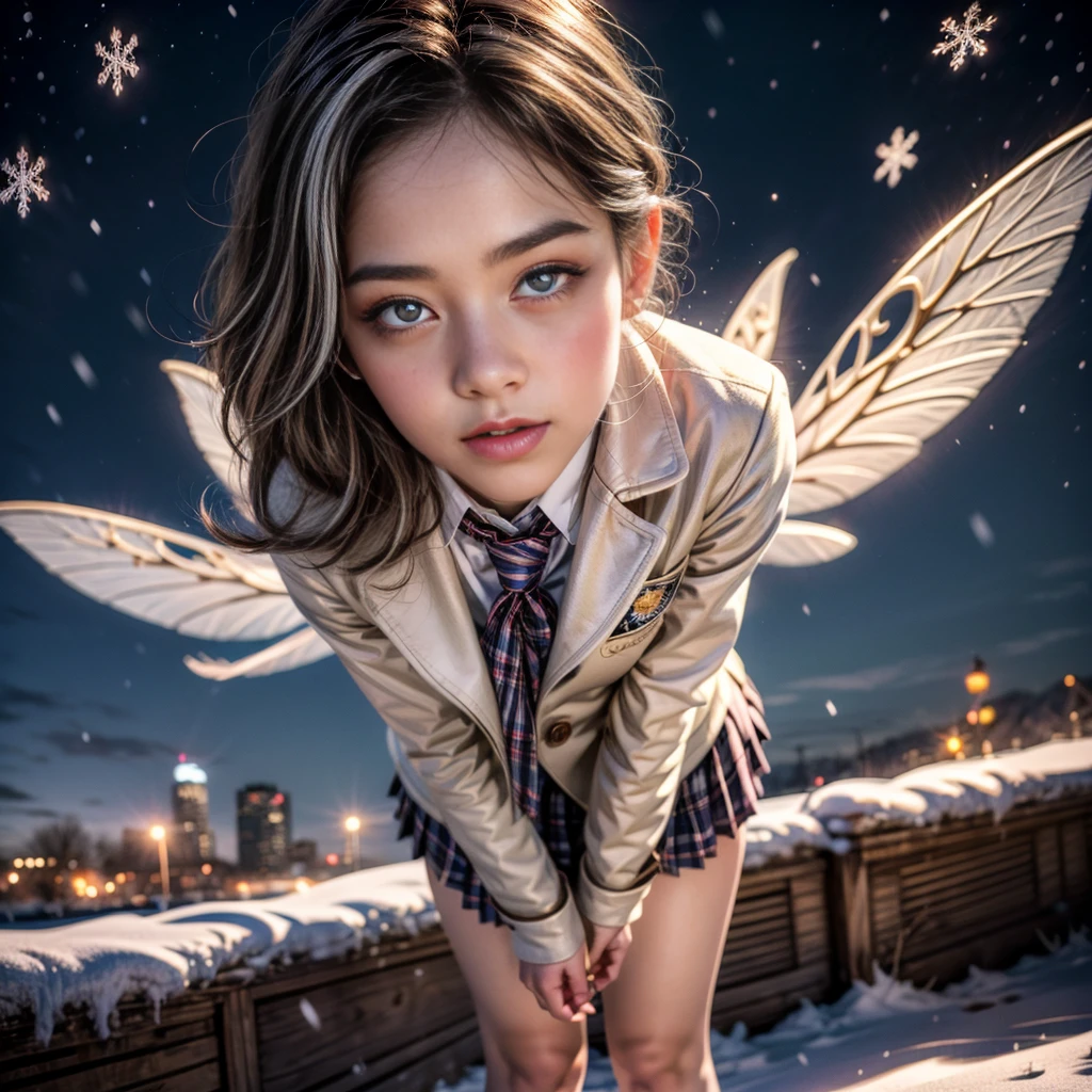ExtremelyDetailed KAWAII SchoolGirls standing in (Sparkling snow dust), Stunning detailed eyes with (Sparkling Highlights:1.28), beautiful detailed lips, extremely detailed eyes and face, double eyelids with Detailed Long Eyelash, rosy cheeks, Radiant PearlSkin with Transparency, detailed snow fairys in (School Uniform with Coat), (glowing snowflakes:1.32), intricate snowy background, ethereal and magical lighting, cinematic composition, (best quality,4k,8k,highres,masterpiece:1.2),ultra-detailed,(realistic,photorealistic,photo-realistic:1.37) (FullBody:1.28) (exposed:0.33)