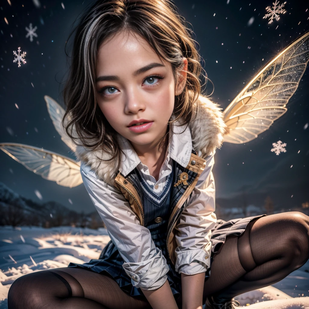 ExtremelyDetailed KAWAII SchoolGirls standing in (Sparkling snow dust), Stunning detailed eyes with (Sparkling Highlights:1.28), beautiful detailed lips, extremely detailed eyes and face, double eyelids with Detailed Long Eyelash, rosy cheeks, Radiant PearlSkin with Transparency, detailed snow fairys in (School Uniform with Coat), (glowing snowflakes:1.32), intricate snowy background, ethereal and magical lighting, cinematic composition, (best quality,4k,8k,highres,masterpiece:1.2),ultra-detailed,(realistic,photorealistic,photo-realistic:1.37) (FullBody:1.28) (exposed:0.33)