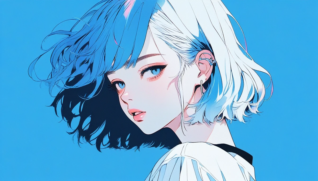 Illustrator, anime , Realistic ,sketch , 1 Girl, ,lip, blouse,order, Blue gradient background, Neon Hair,Textured Trim, Canadian, (masterpiece,Highest quality) Cancer