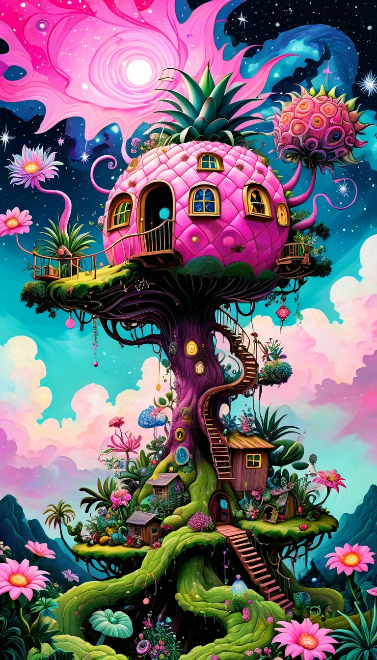 Pink hollow pineapple house on the tree top，The hut glows，plant，flower，Tentacles，Eye、Starry Sky，Stitching together an abstract painting，Describing the inner world of autistic people，Sense of space，White Space，interesting，Innocence，Psychedelic Art，Pink theme