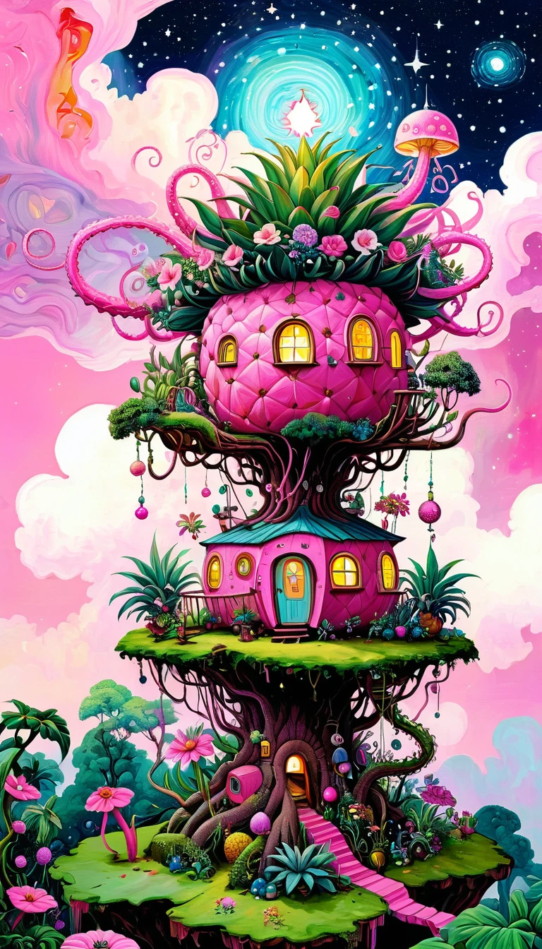 Pink hollow pineapple house on the tree top，The hut glows，plant，flower，Tentacles，Eye、Starry Sky，Stitching together an abstract painting，Describing the inner world of autistic people，Sense of space，White Space，interesting，Innocence，Psychedelic Art，Pink theme