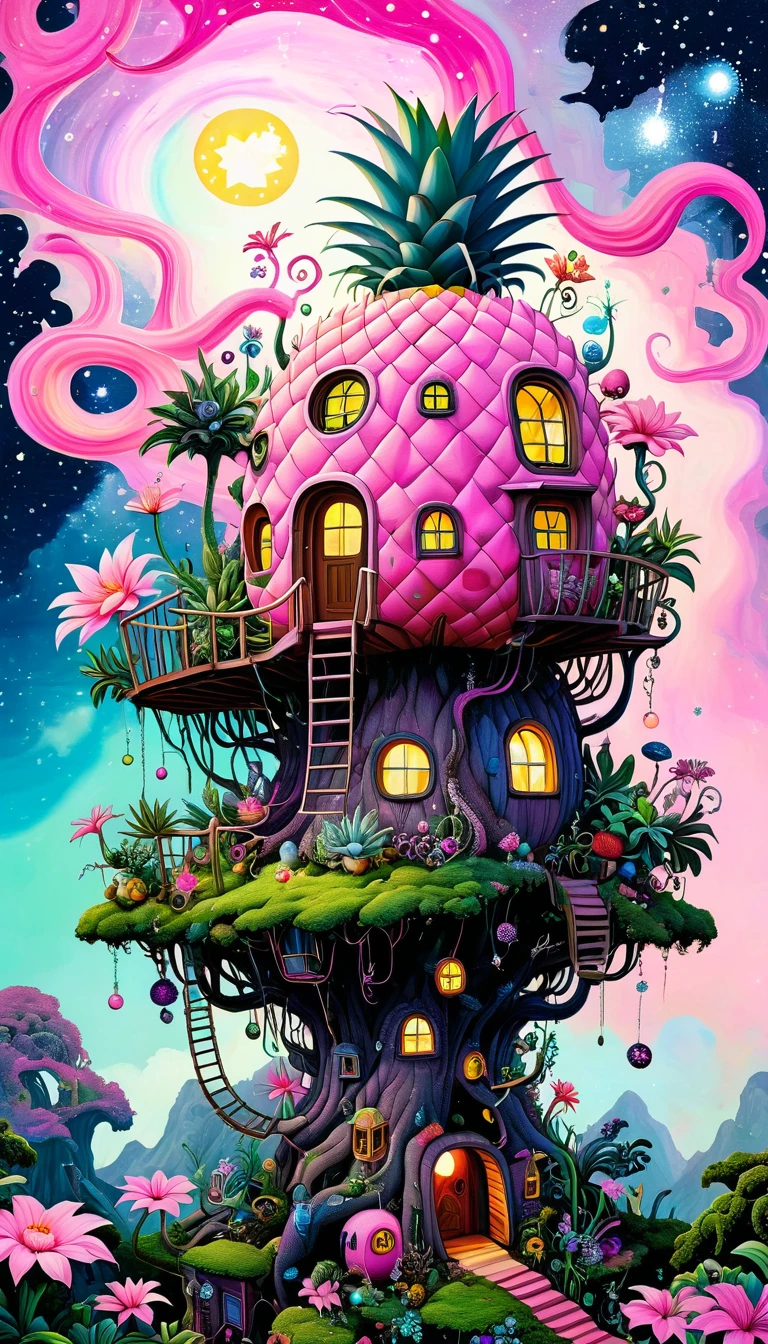 Pink hollow pineapple house on the tree top，The hut glows，plant，flower，Tentacles，Eye、Starry Sky，Stitching together an abstract painting，Describing the inner world of autistic people，Sense of space，White Space，interesting，Innocence，Psychedelic Art，Pink theme