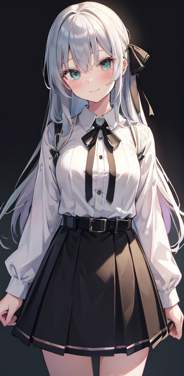 blush, 1 Girl, smile, alone, green_eye, Closed_mouth, 前hair,  black_skirt, black, ribbon, diagonal_stripe, belt, virtual_YouTuber, Silver_hair, Simple_background, crew_collar, Striped_background, Open_Clothes, head_ribbon, dress, black_belt,