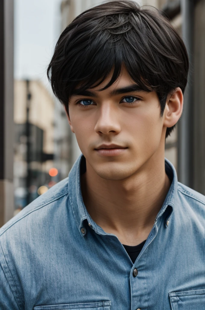 Young black-haired boy, blue eyes, American with fine features