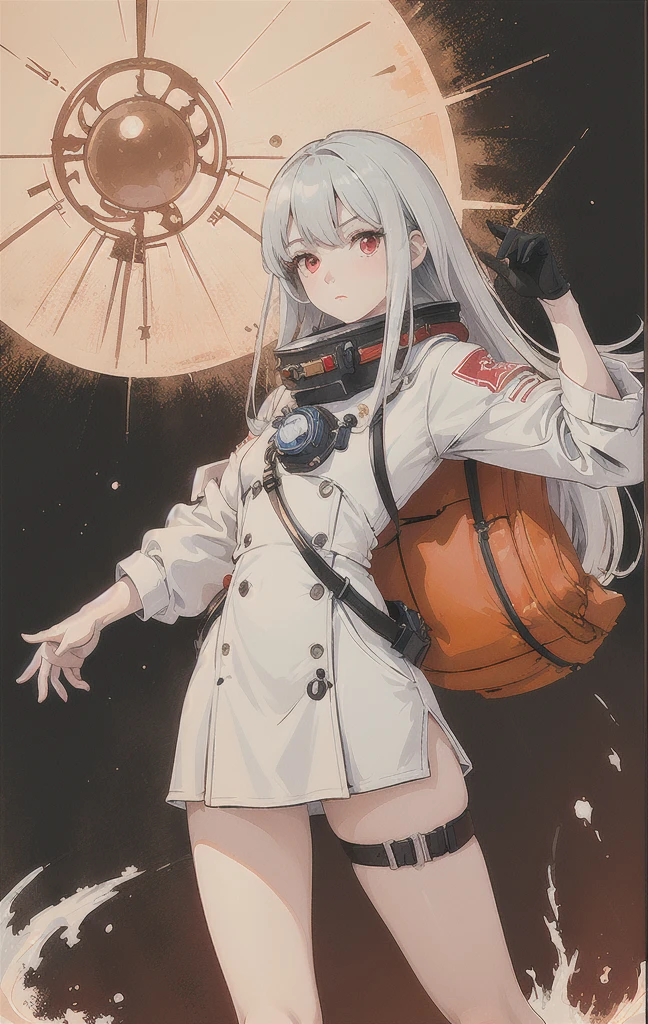 1 girl,Department_old,beautiful,Beautiful detailed eyes,shiny Hair,visible through Hair,Hairs between eyes, CCCPcartel, sovietposter,red monochrome,soviet poster, soviet,communism,
negro_Hair,red_eyes,Vampire,adolescent,poor chest,Space suit:Orange_Clothes_body:mono),White_gloves, White_space shoes, White_hull, the CCCP red letters on the top of hull, weightlessness, Side light, reflection, la persona con el Space suit está en la parte inferior izquierda del marco, The right hand is extended, the right hand gently touches the Salyut space station.), Space station in the upper right corner of the screen., reflected light from the sun., silver metal,red flag, brilliance,USSR style, diffuse reflection, metallic texture, The view is a blue Earth,Wick style,the sea of stars,request alto, Magnificent